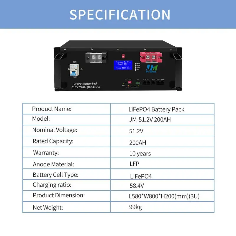 High Density Energy Storage Cabinet Mounted 51.2V 100AH 200AH Solar System Lifepo4 Battery - Image 6